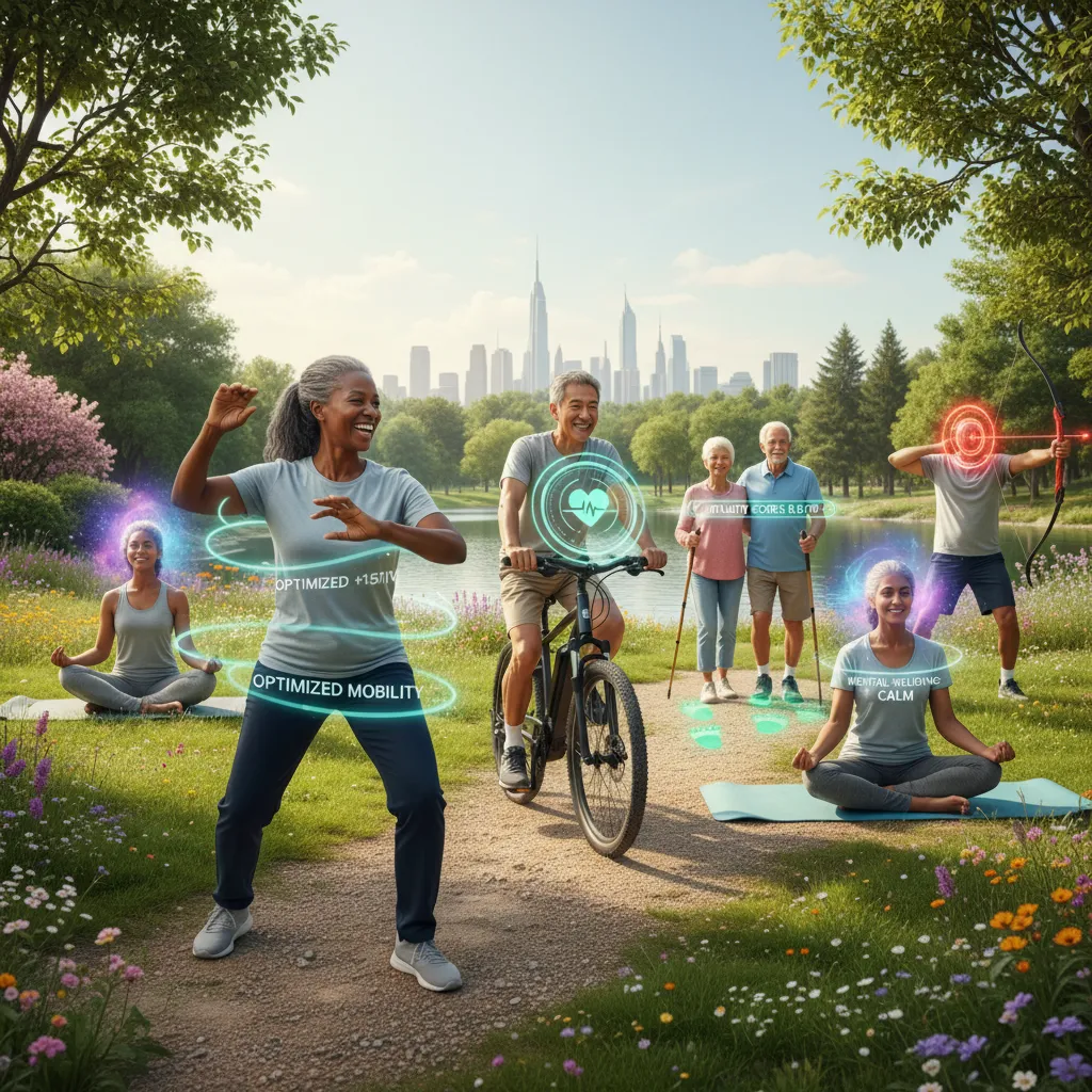 Active older adults outdoors with subtle health data overlays, showing healthy aging.
