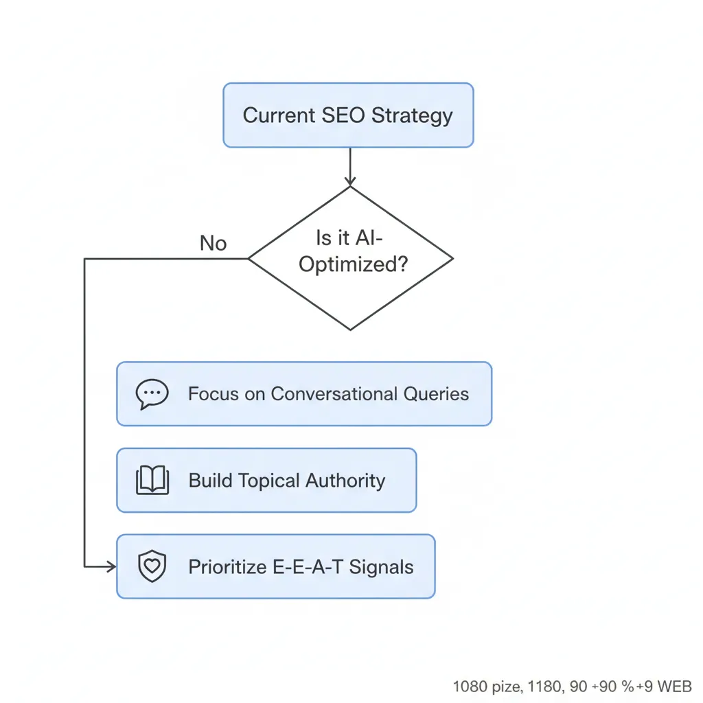 A simplified flowchart showing how to adapt an SEO strategy for AI search, focusing on conversational keywords and E-E-A-T.