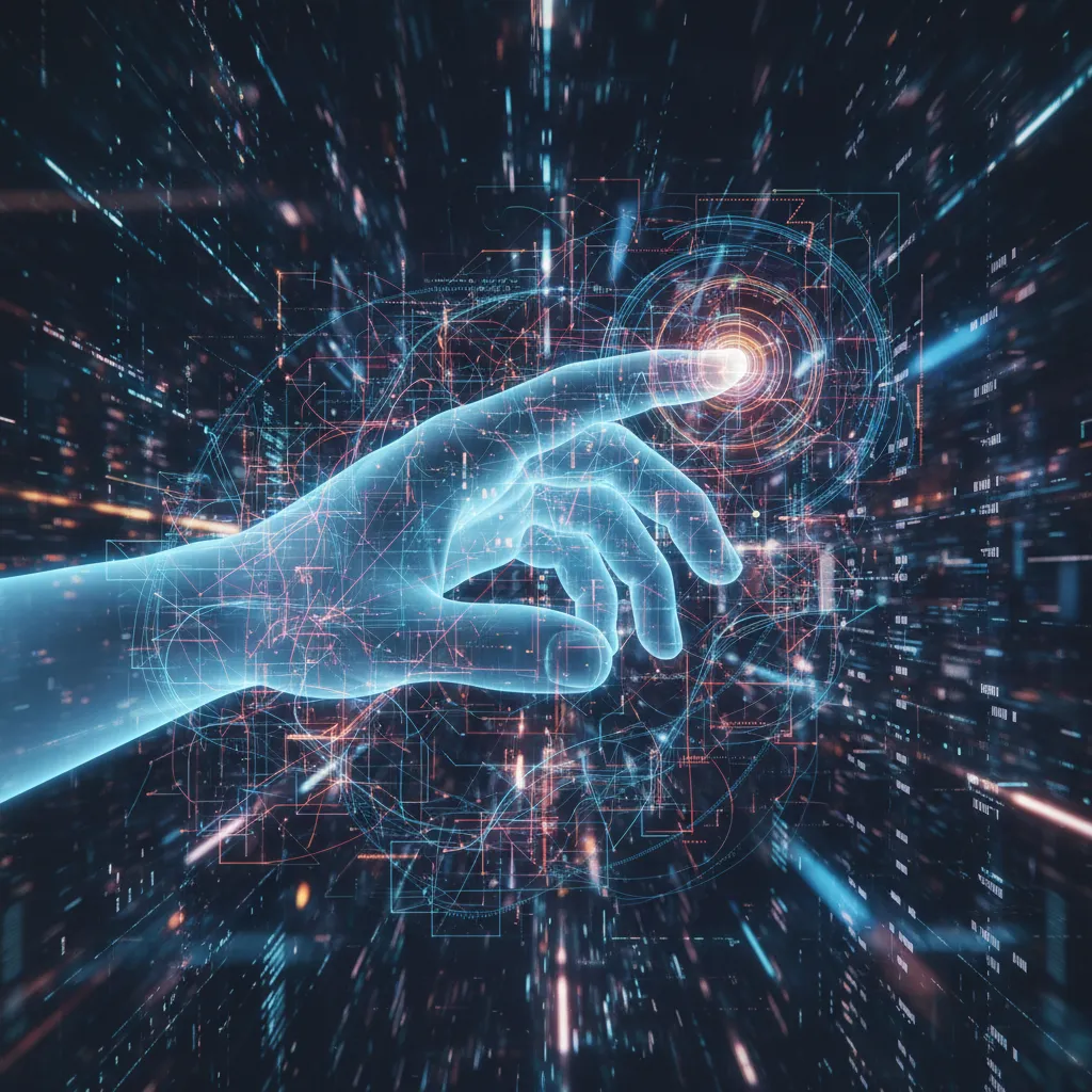 Hand interacting with an adaptive AI network, symbolizing the collaboration and risks between humans and AI.