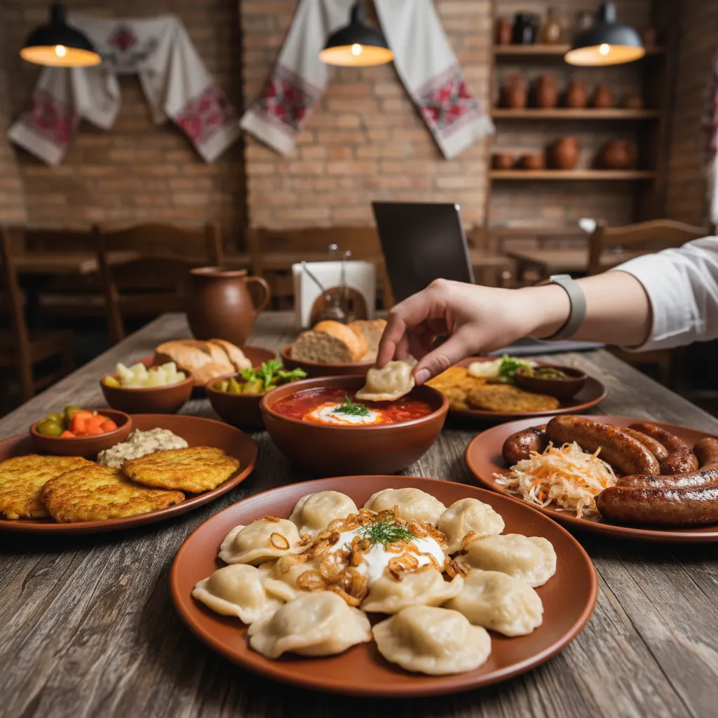 Close-up of affordable local dishes with a hand reaching for food.