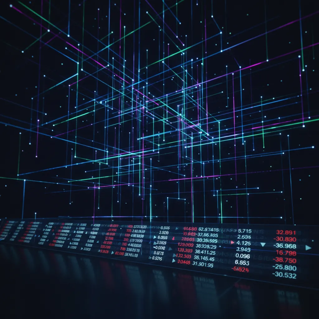 An abstract representation of AI algorithms making automated trading decisions on a stock market interface.