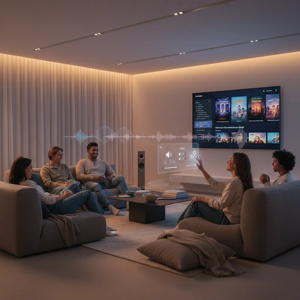 Friends relaxing in a living room with ambient AI adjusting settings.