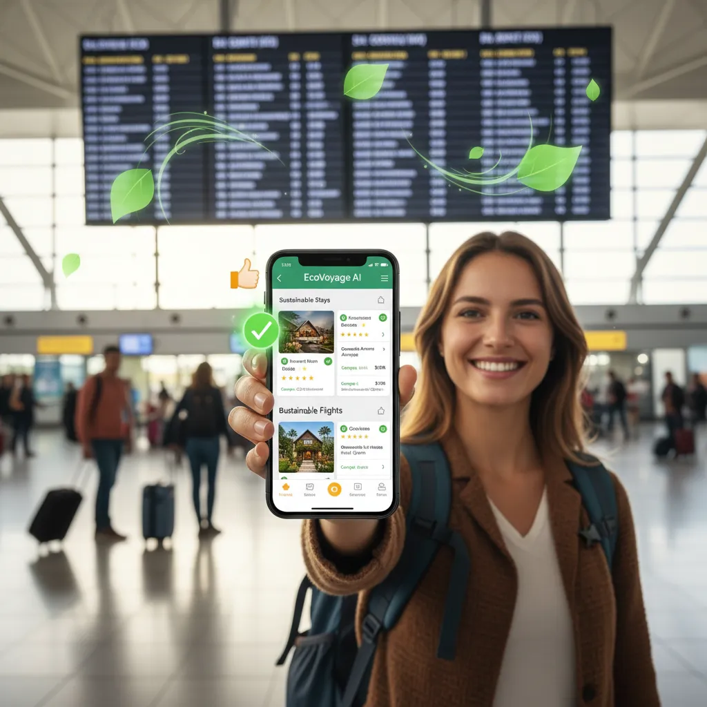 AI travel app showing eco-friendly flights and hotels