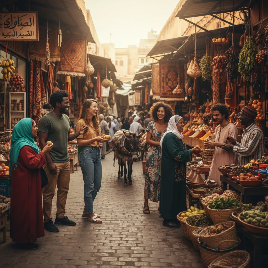 Friends exploring a local market, enjoying an authentic travel experience suggested by AI.