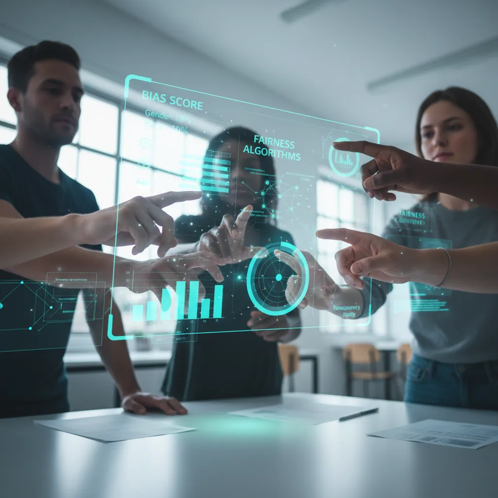 Diverse hands interact with a holographic display showing AI bias detection metrics and fairness algorithms.