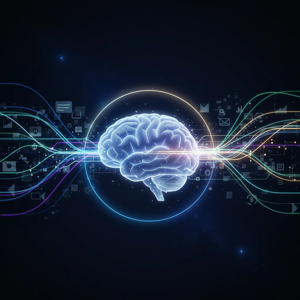 A stylized representation of a human brain with glowing, interconnected nodes, illustrating how AI can help bring order, clarity, and focus to a busy mind.