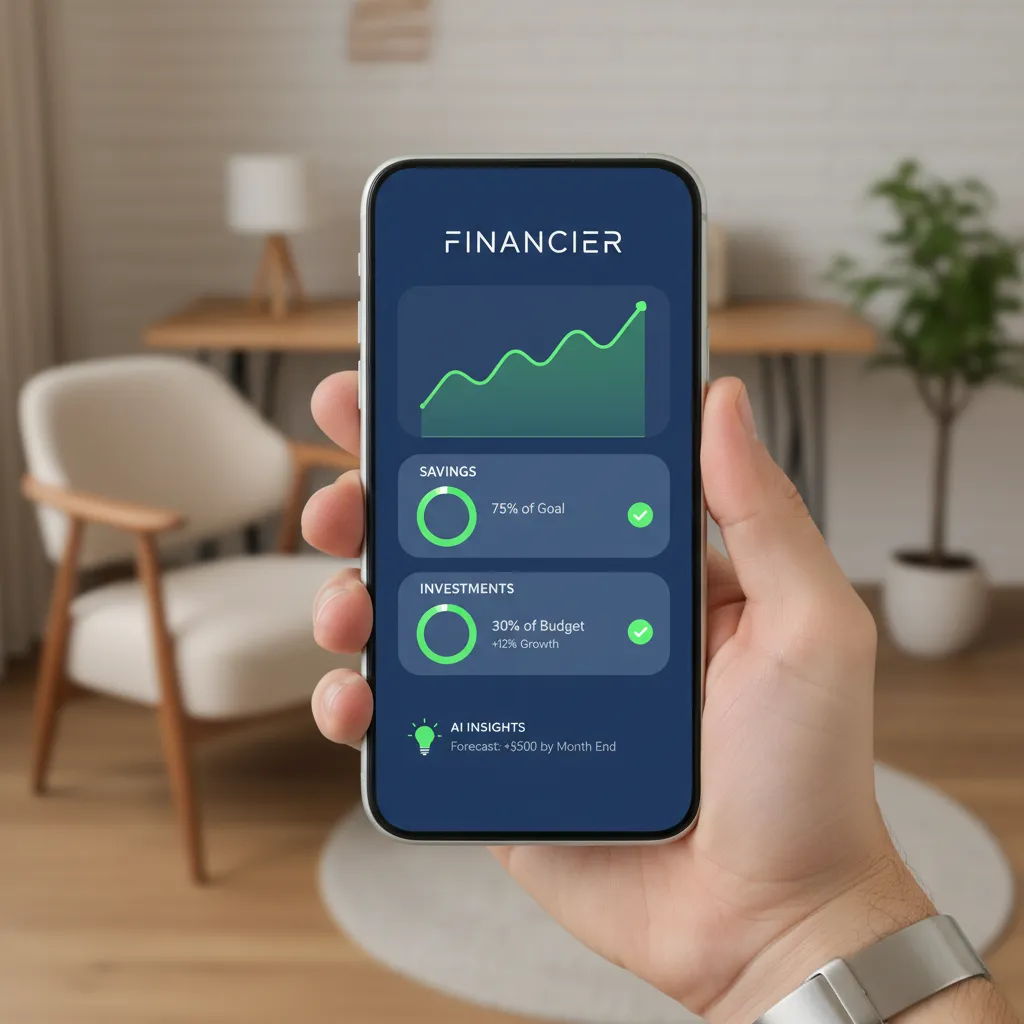 Hand holding smartphone with ethical AI budgeting app interface