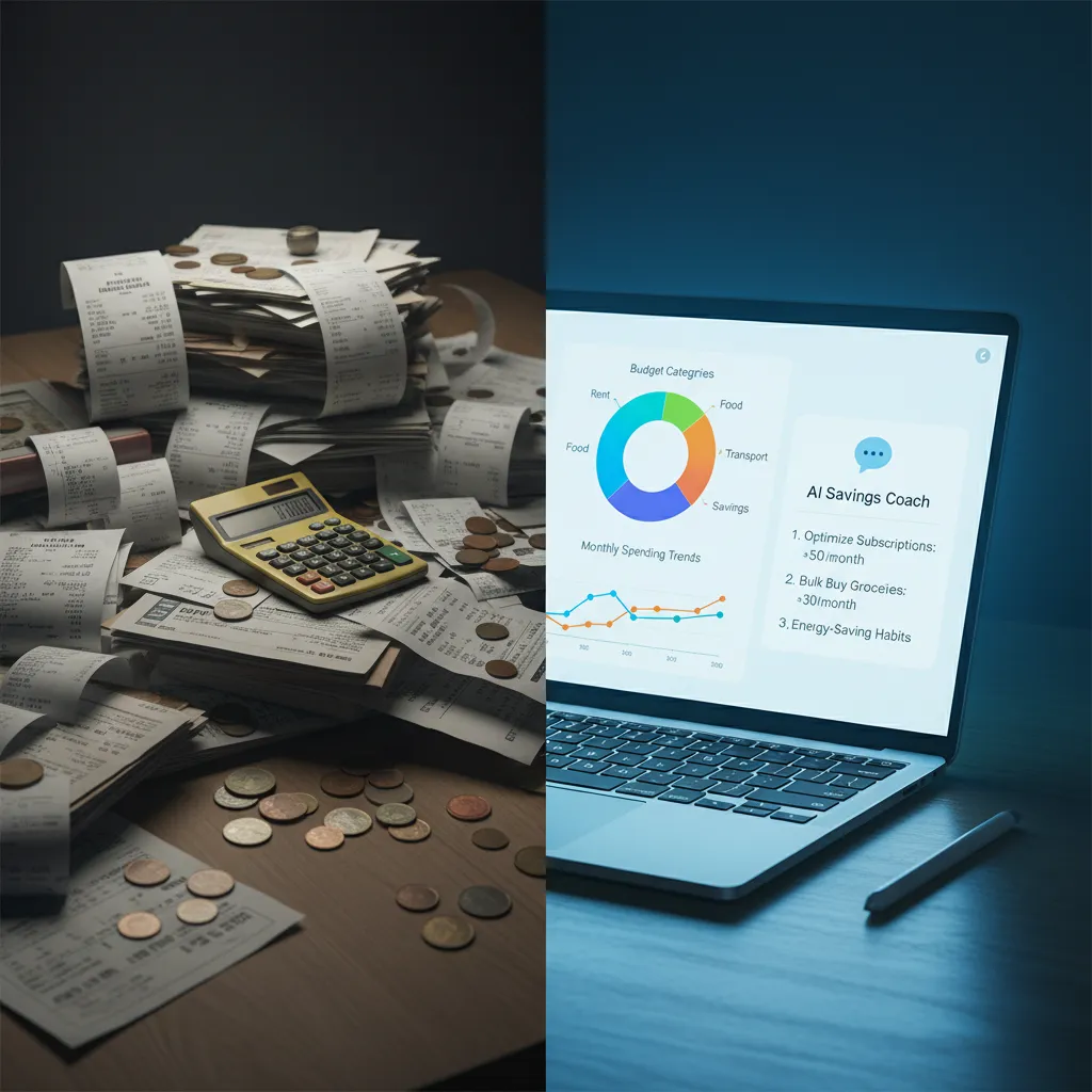 Split-screen showing a traditional bank statement versus a dynamic, AI-driven budget visualization.