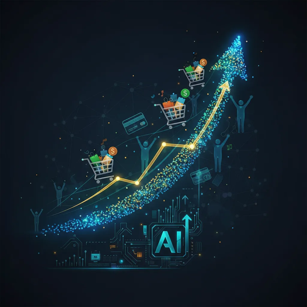 A glowing, upward-trending digital graph made of particles, surrounded by subtle e-commerce and customer icons, symbolizing significant business growth and increased ROI achieved through AI marketing.