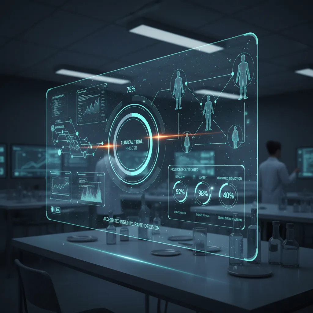 AI interface displays clinical trial data and outcome predictions.
