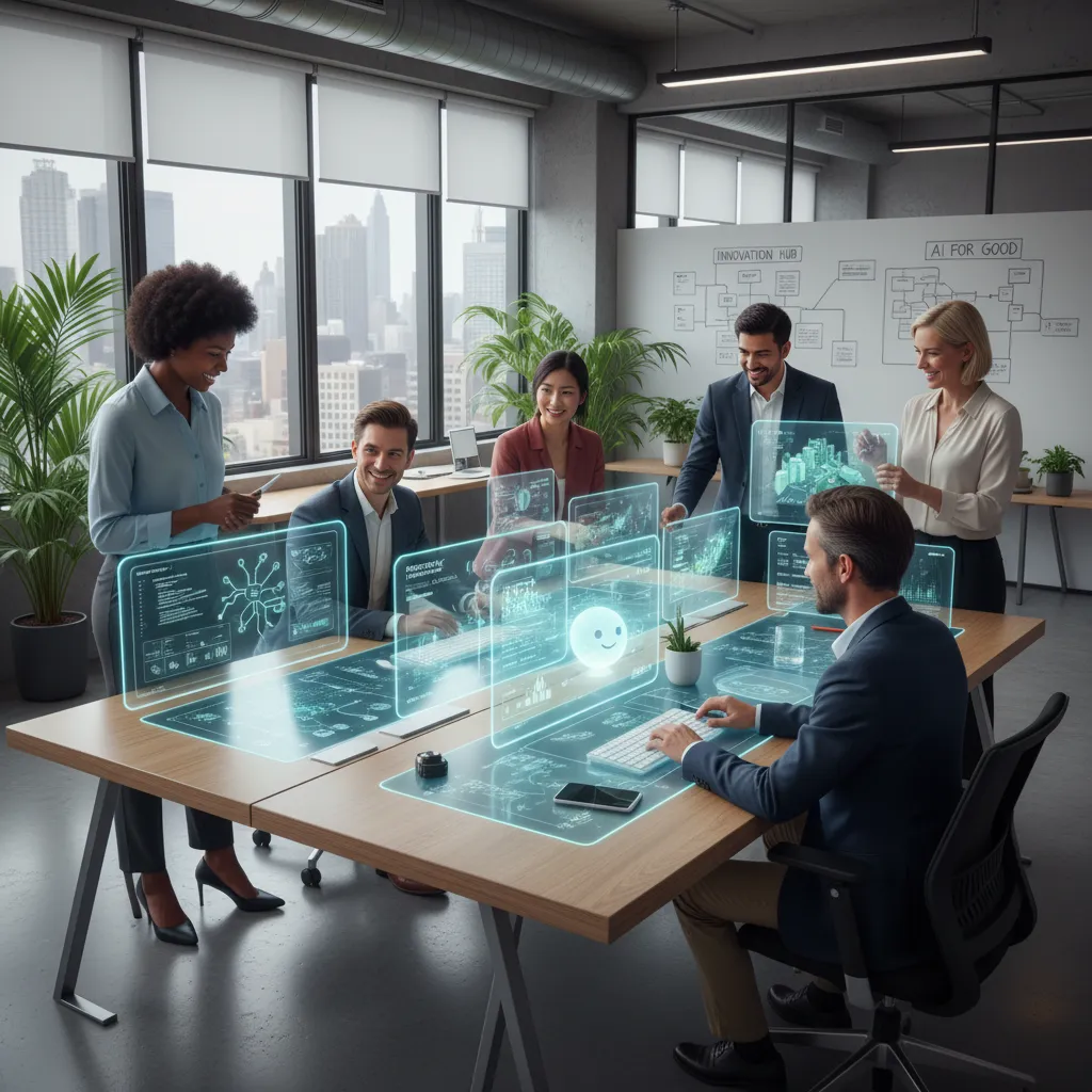 Group of people collaborating with AI tools.