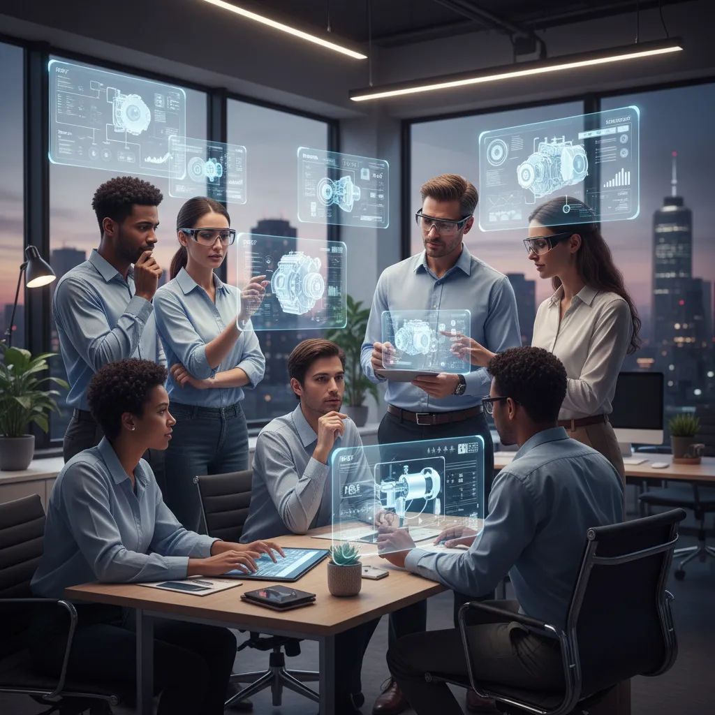 Professionals interacting with AI holograms for skill development