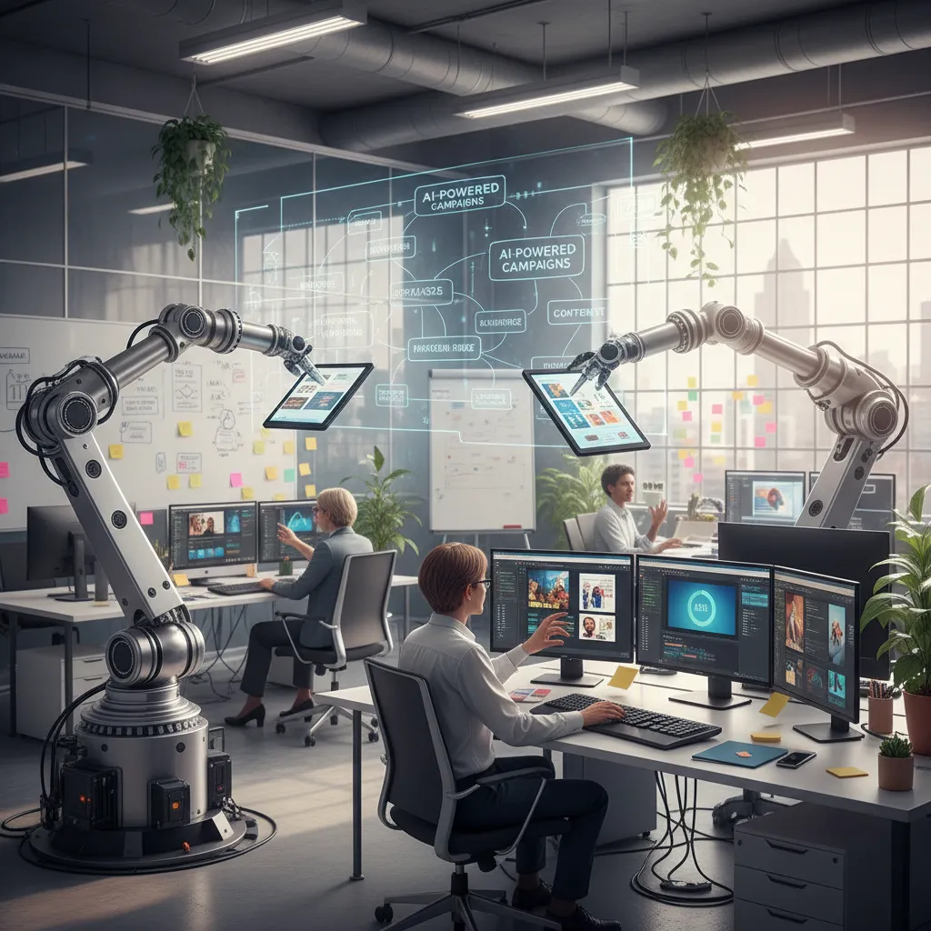 Robot arms and humans collaborating on content creation with AI tools