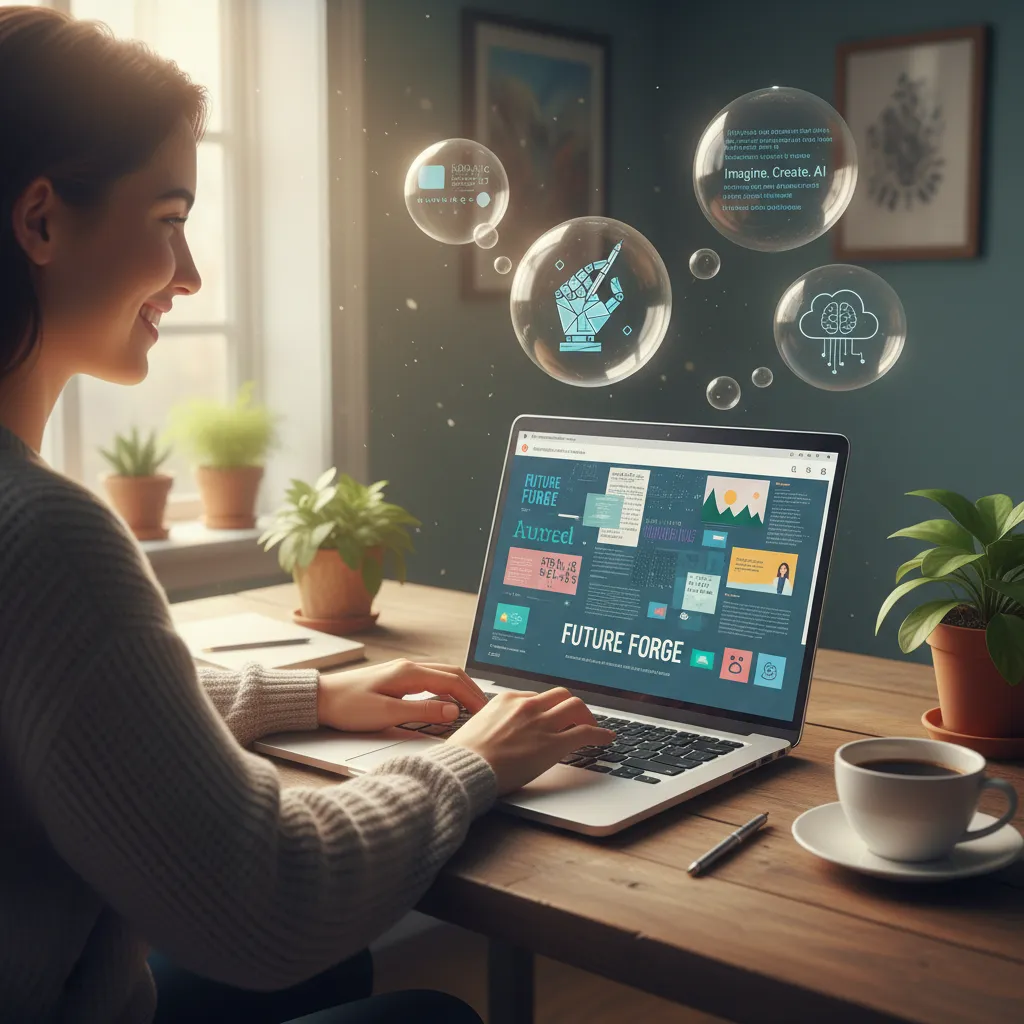 Person typing on a laptop with AI-generated content, representing AI for content creation.