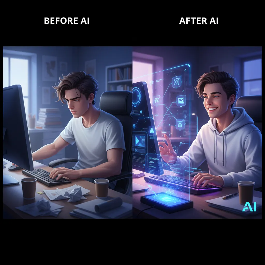 Increased content creation productivity with AI tools, showing a timeline with before and after states and improved metrics