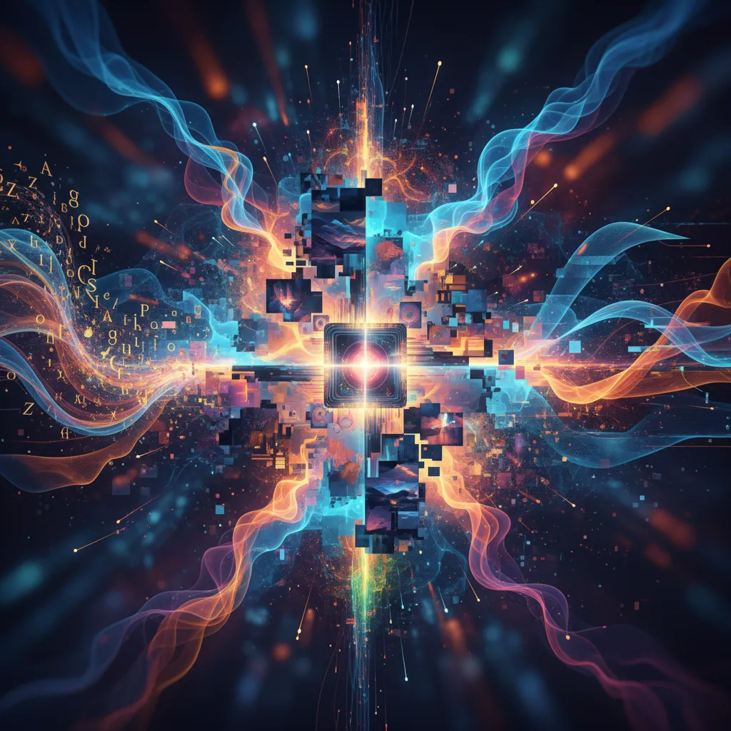 Abstract representation of AI generating creative content, with interconnected data points forming artistic shapes