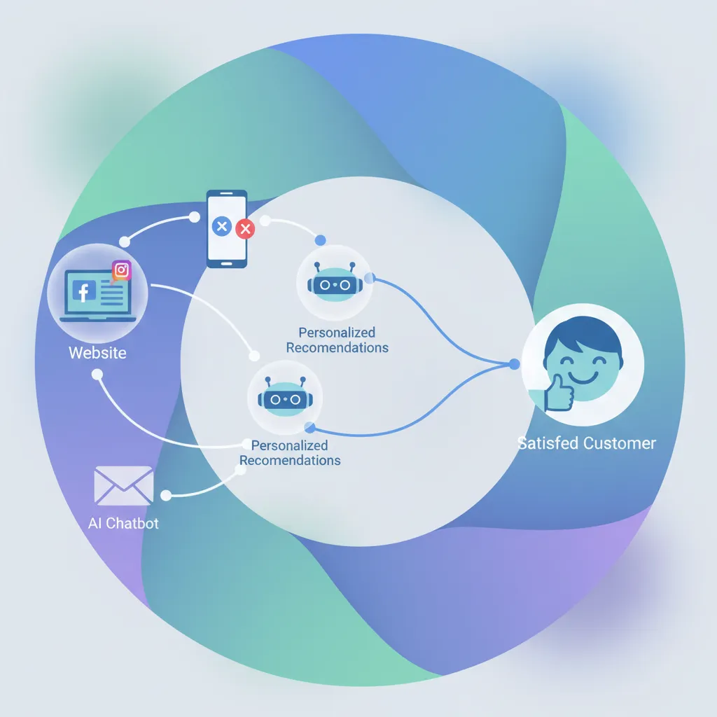 AI chatbots and personalized recommendations guiding a customer through various marketing touchpoints