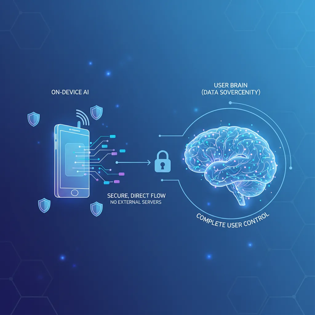 Infographic depicting data flowing directly from device to user, bypassing external servers, for on-device AI data sovereignty.