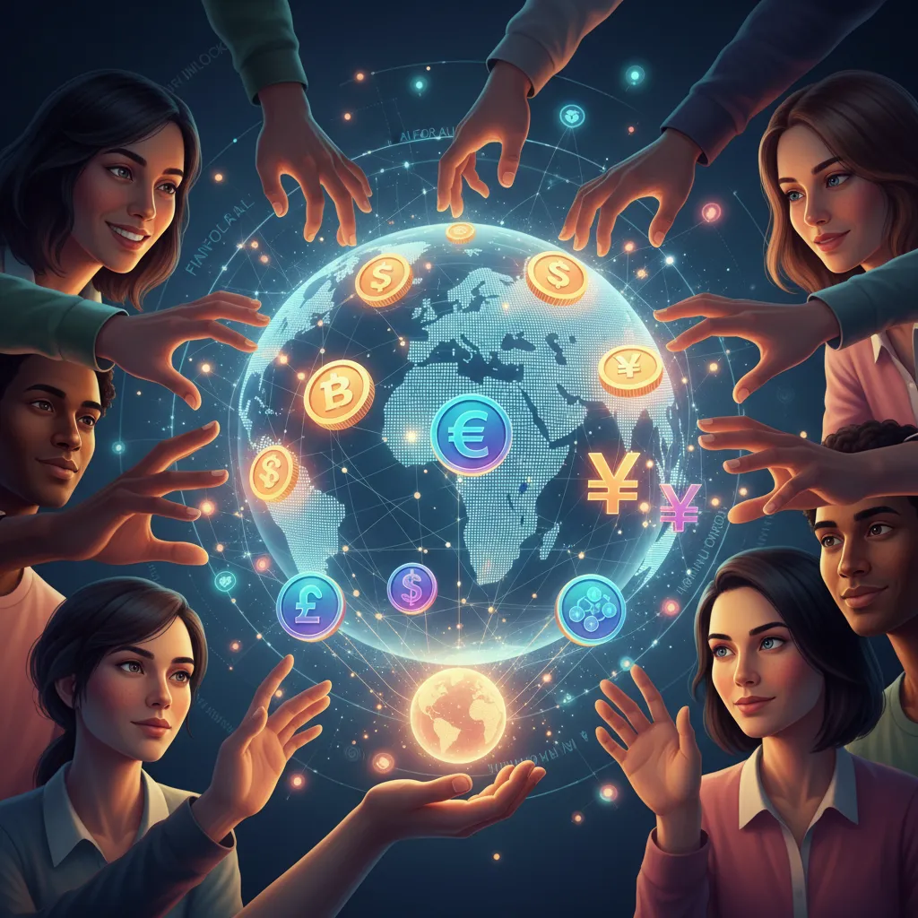 Hands reaching for glowing financial symbols, representing AI democratizing finance