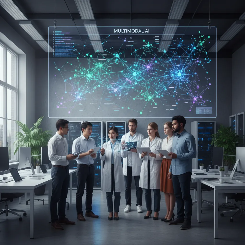 Scientists collaborating on multimodal AI development