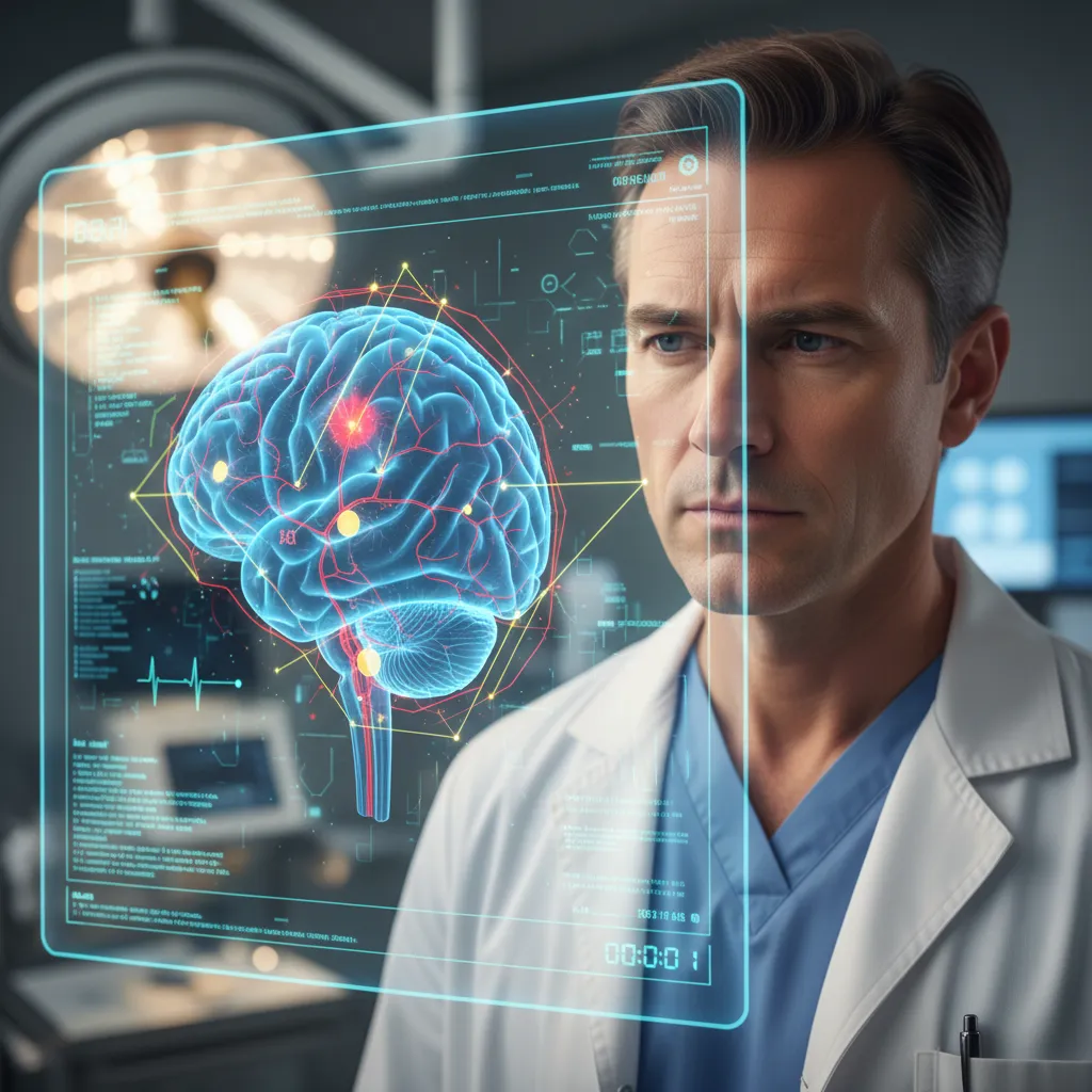 AI assisting doctors in diagnostic imaging with highlighted anomalies.