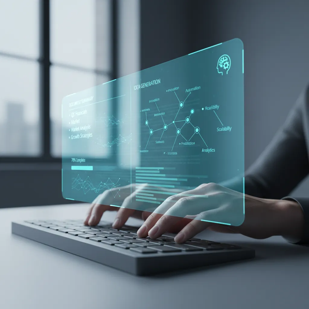 Hands typing with AI document summary projection