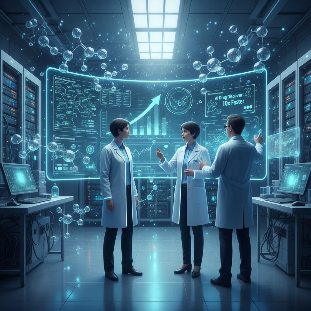 Scientists using AI to accelerate drug discovery in a modern laboratory.