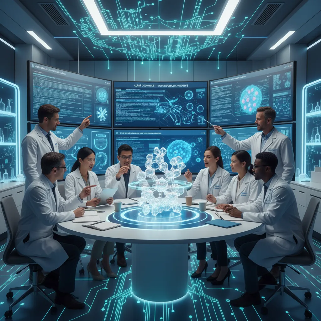 Medical researchers and AI specialists collaborating on drug discovery