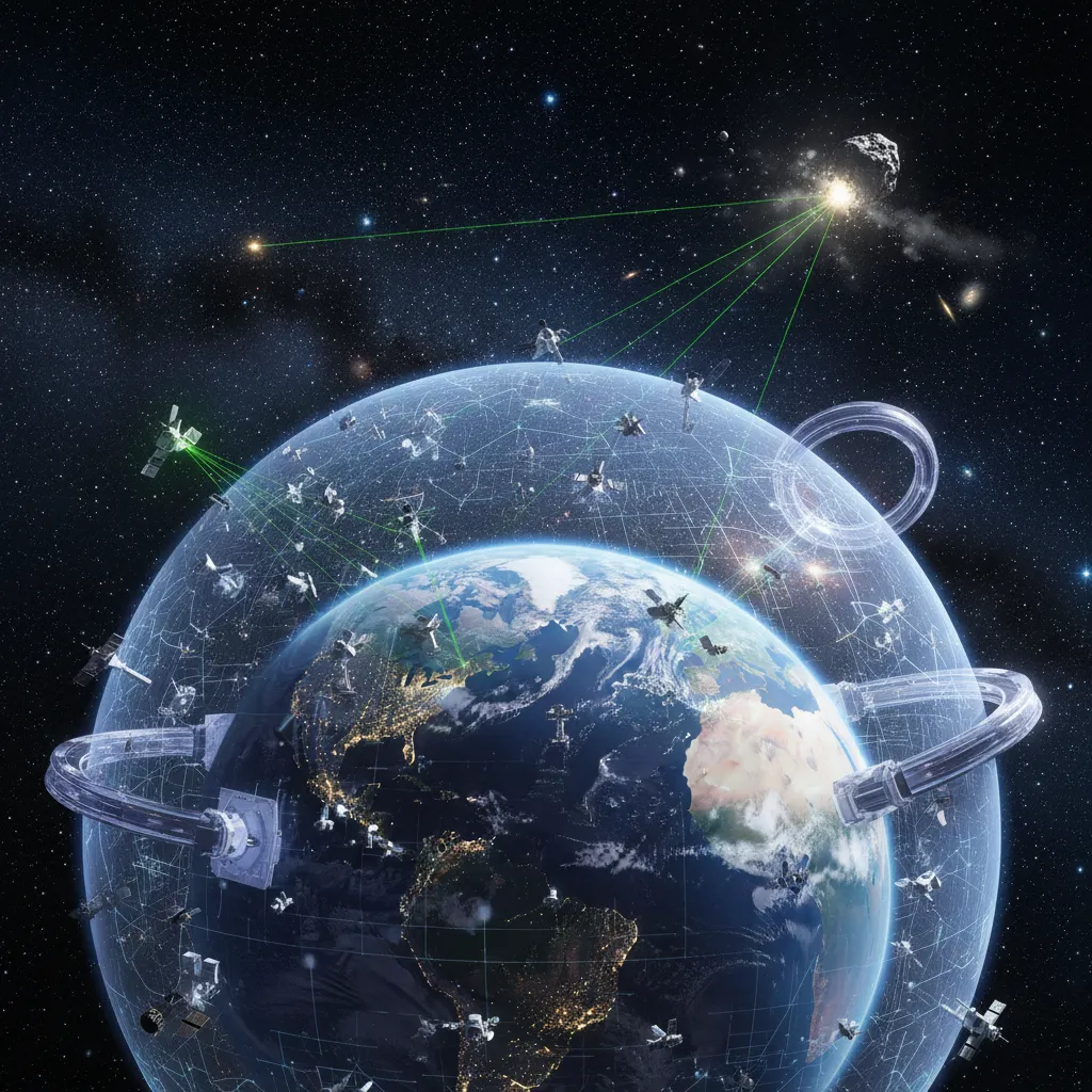 A vibrant, cinematic image of a protective AI energy shield enveloping planet Earth from incoming asteroids.