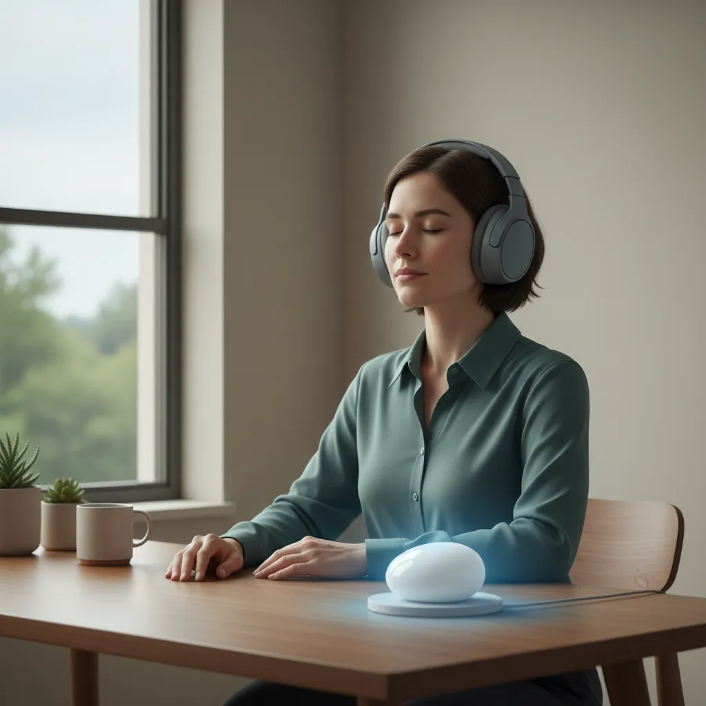 Person with noise-canceling headphones and AI device, symbolizing AI for enhanced focus.