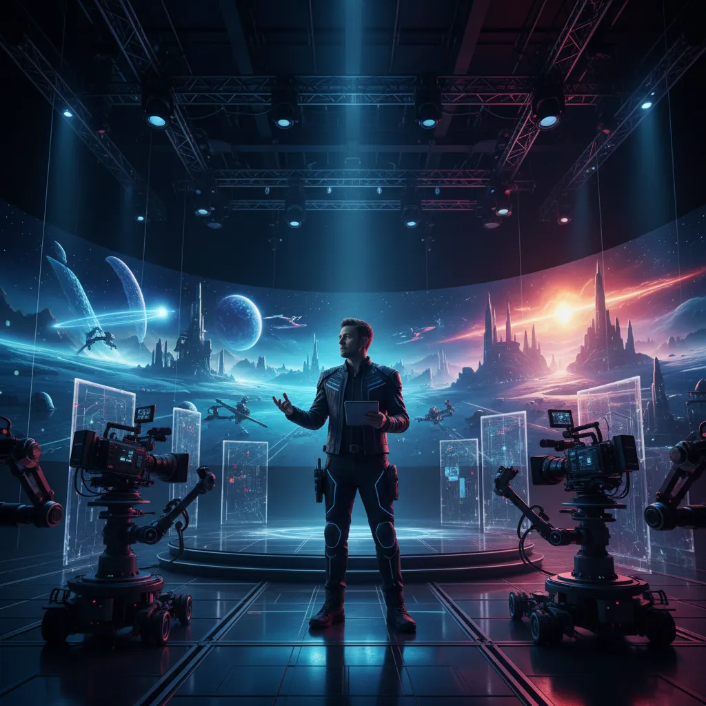 Film director watching AI-generated scenes on a futuristic set