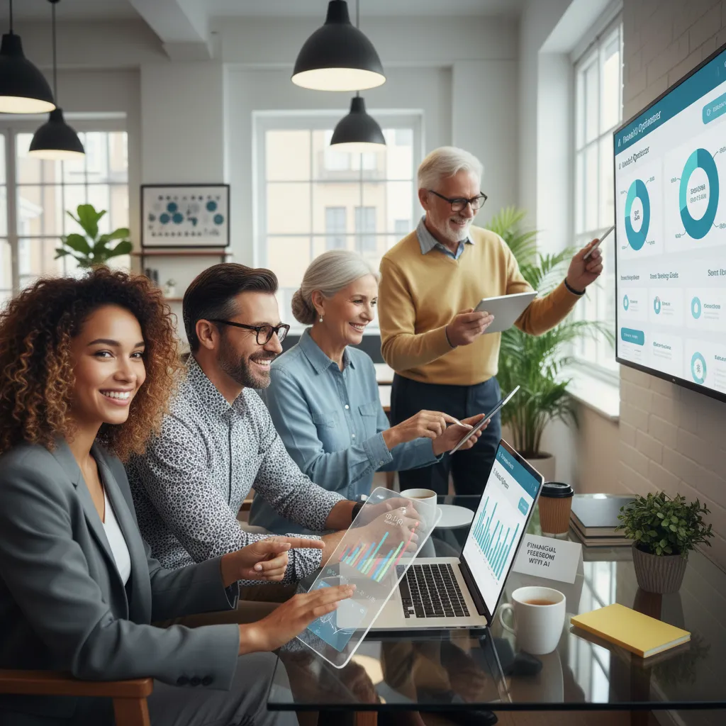 Diverse people using AI financial tools for literacy