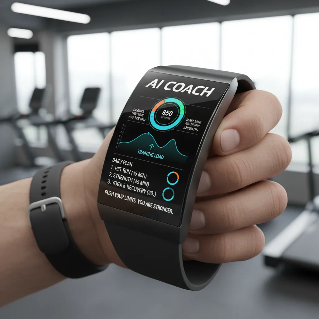 A smartwatch on a person's wrist displaying a dashboard of AI-driven fitness metrics like heart rate variability, sleep score, and readiness level.