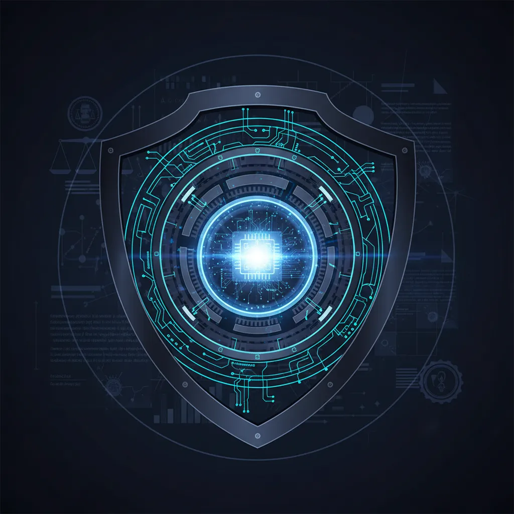 Abstract image of interlocking gears and circuit lines forming a shield around an AI core, representing governance.