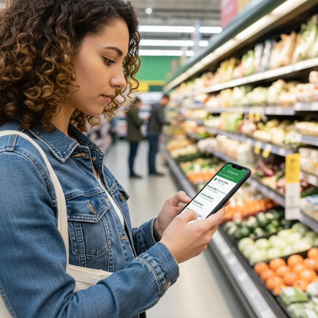 Person with phone displaying AI grocery list