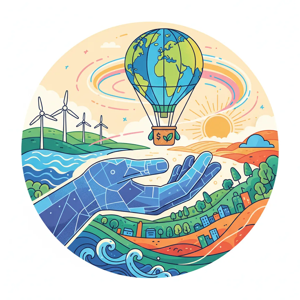 Stylized AI hand guiding a budget eco-travel hot air balloon