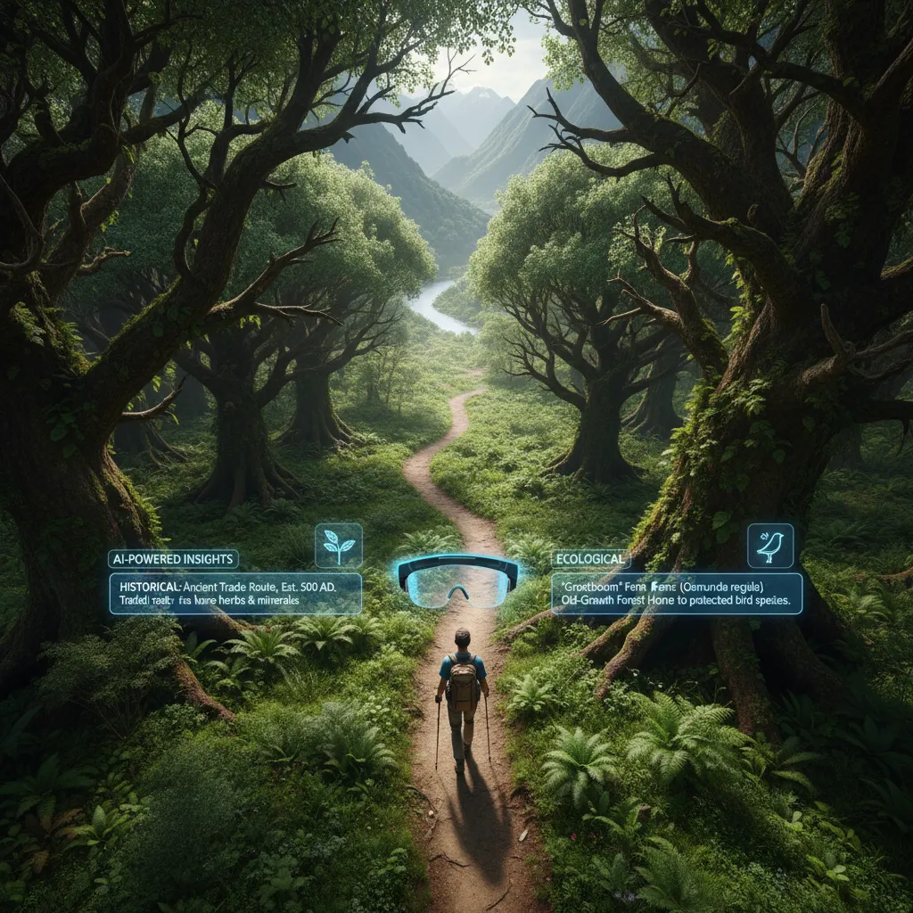 Hiker with AR smart glasses on a scenic trail