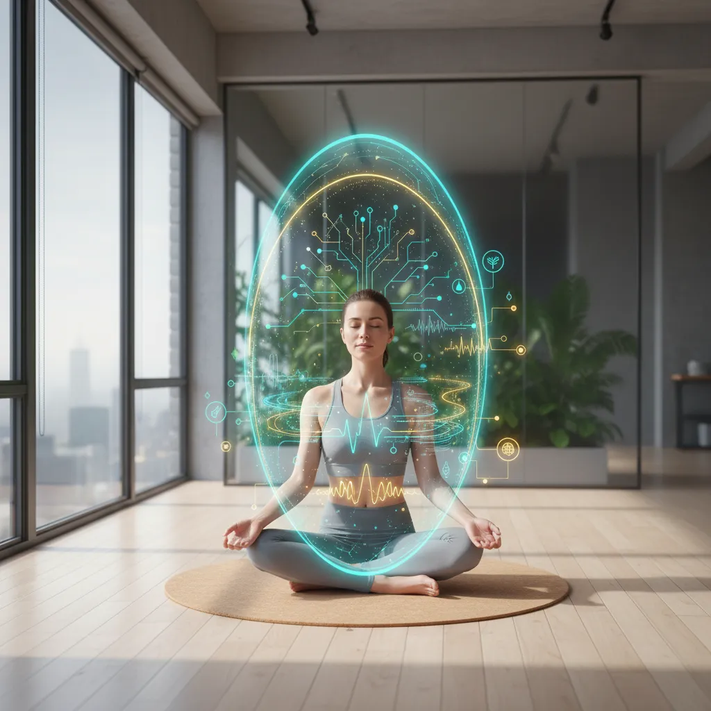 Person meditating with glowing aura of AI wellness insights