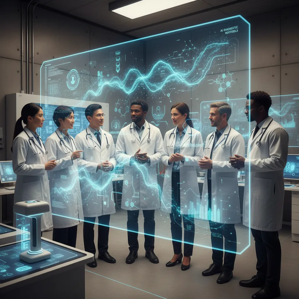 A diverse team of scientists and doctors collaborating around a large interactive screen displaying AI-driven research data and analytics.