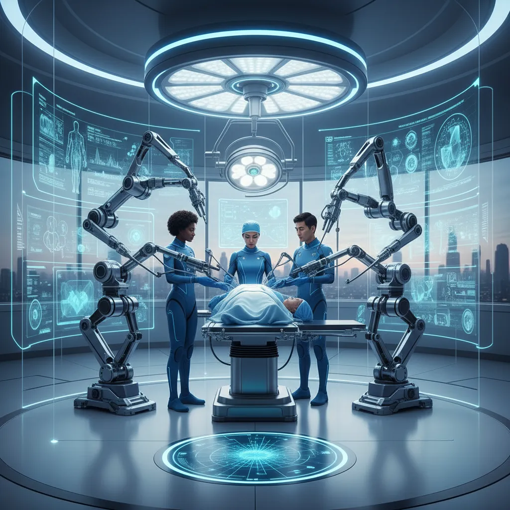 A vivid, cinematic hero image representing AI in healthcare, showing data, medical scans, and a doctor interacting with futuristic interfaces.