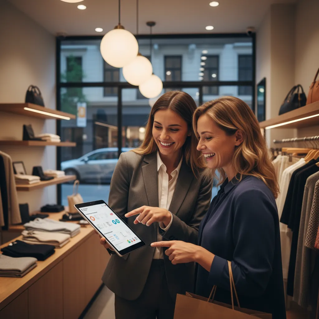 Sales associate using an AI-powered tablet to assist a customer, blending technology with human service.