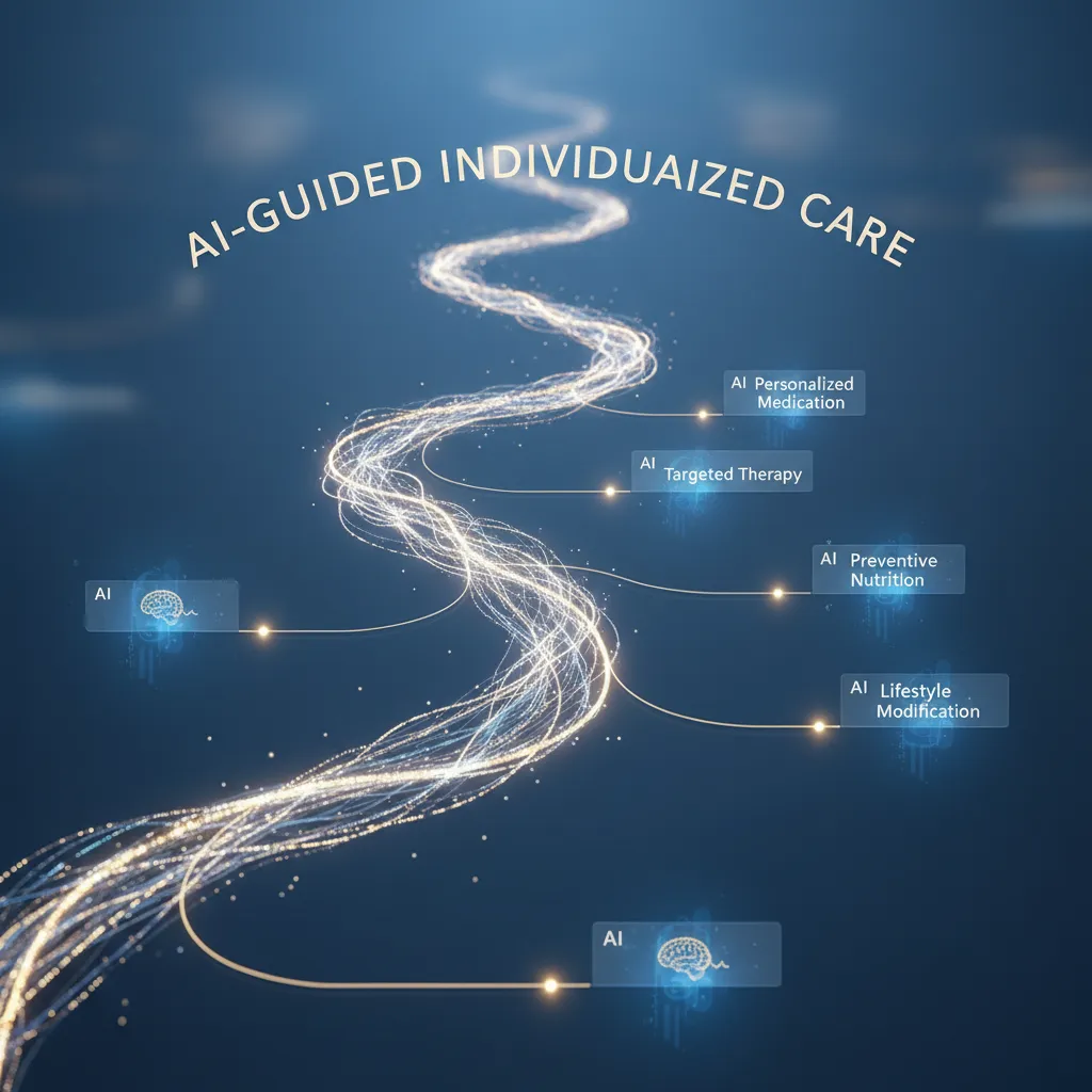 A visual representation of an individualized health journey, with an AI guiding a patient along a personalized care path with data points and milestones.