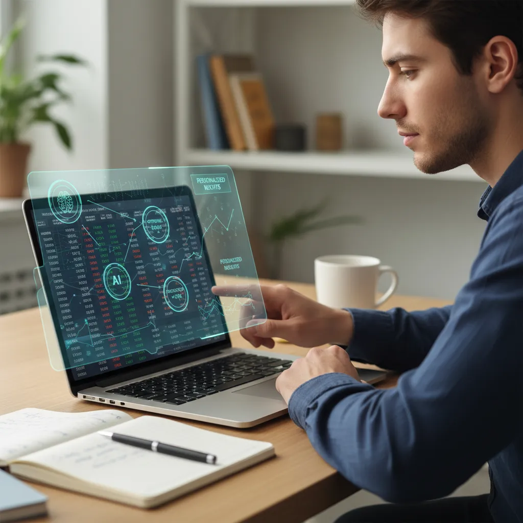 Person making an investment decision on a laptop, with an AI interface providing supportive guidance on screen.