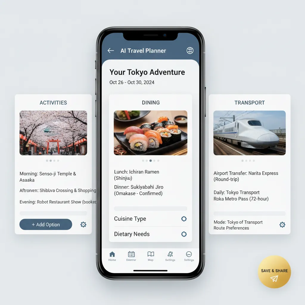 AI-powered personalized travel itinerary displayed on a smartphone screen.