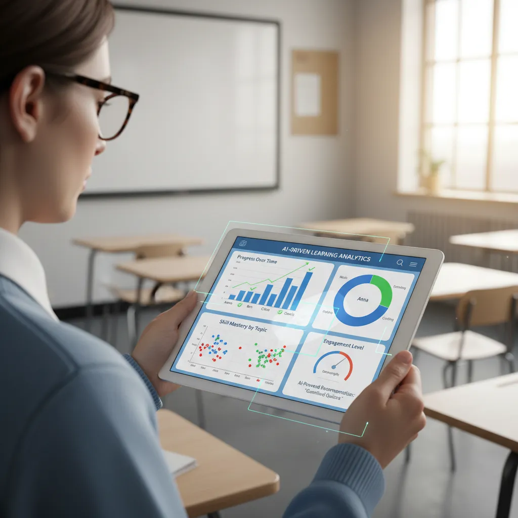 Educator reviewing AI personalized learning analytics on a tablet
