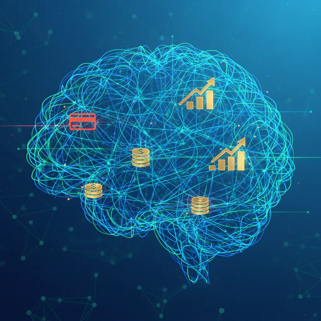 Abstract graphic of AI neural network processing financial data like spending, saving, and investing patterns.