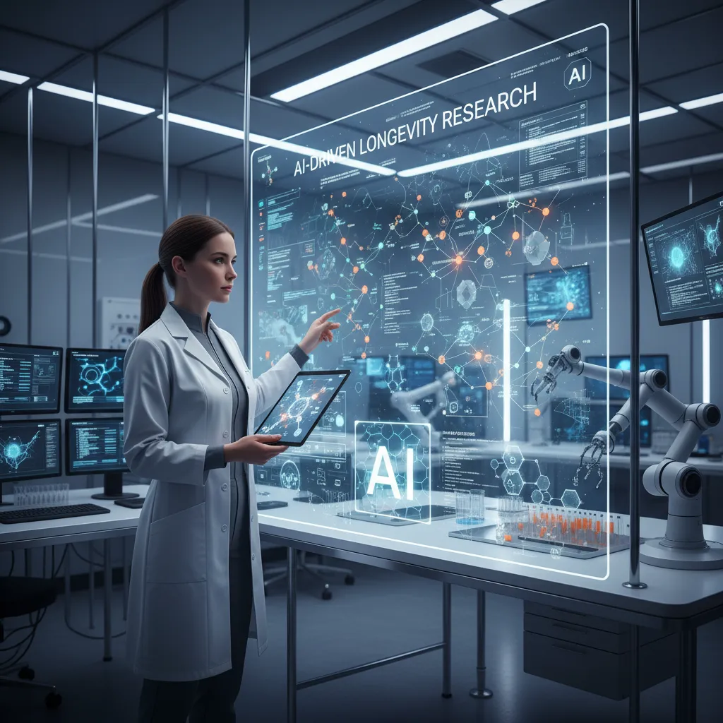 A scientist working in a high-tech lab with AI screens displaying biological data.