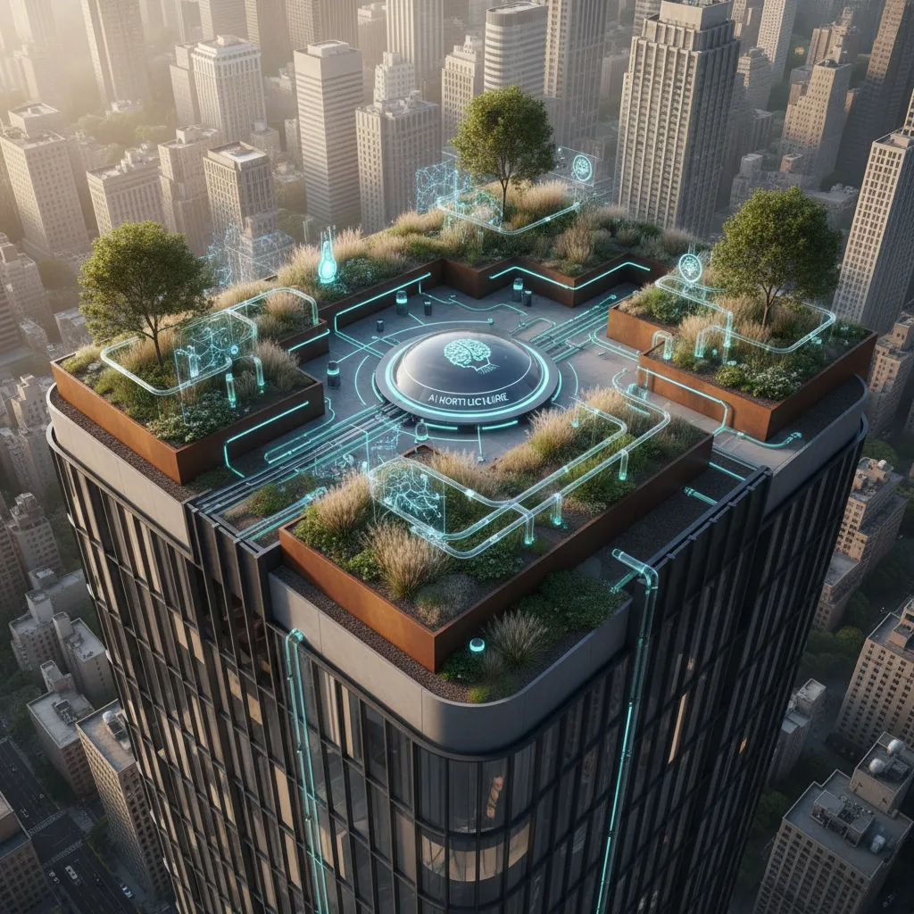 Rooftop garden on a modern building with AI managing plant health