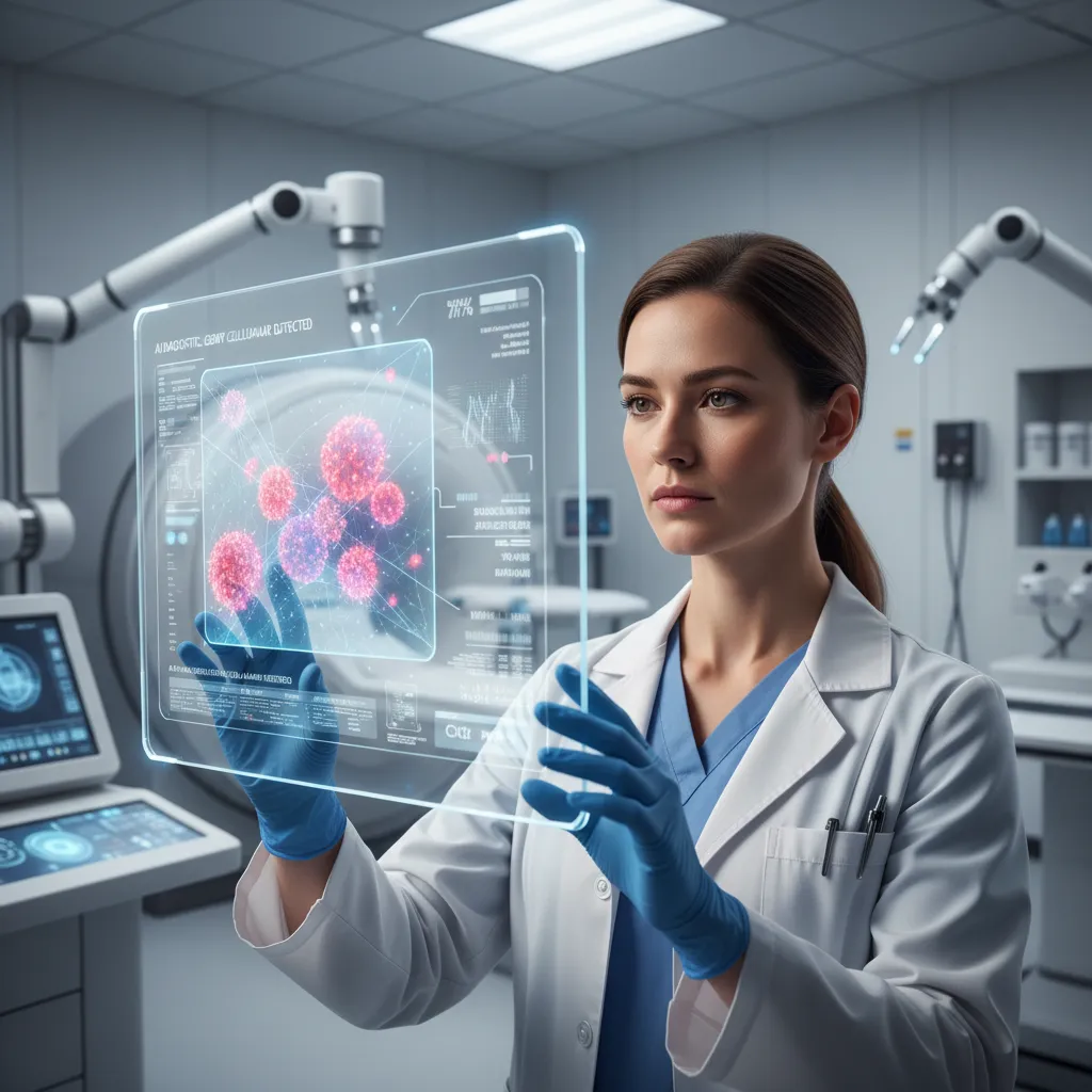 Doctor reviewing AI medical scan results on transparent screen