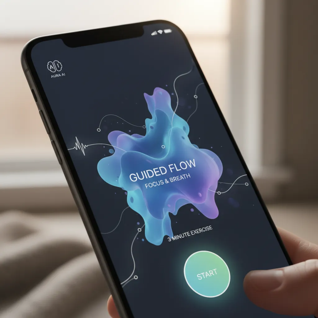 AI meditation app on a smartphone showing a personalized session recommendation.